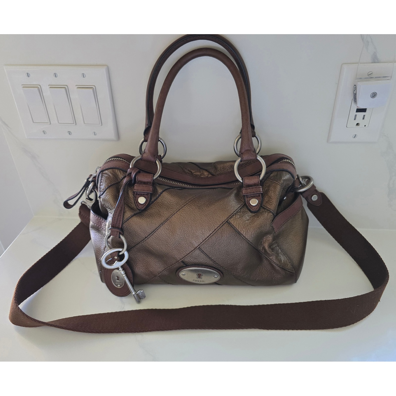 Fossil Metallic Bronze Patchwork Leather Satchel Crossbody Bag Long Live Vintage